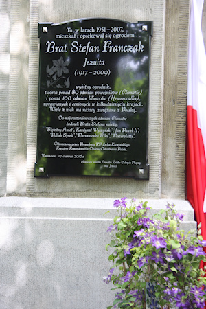 Memorial plaque to Brother Stefan Franczak with a pot of C. 'Stefan Franczak' below©Ken Woolfenden